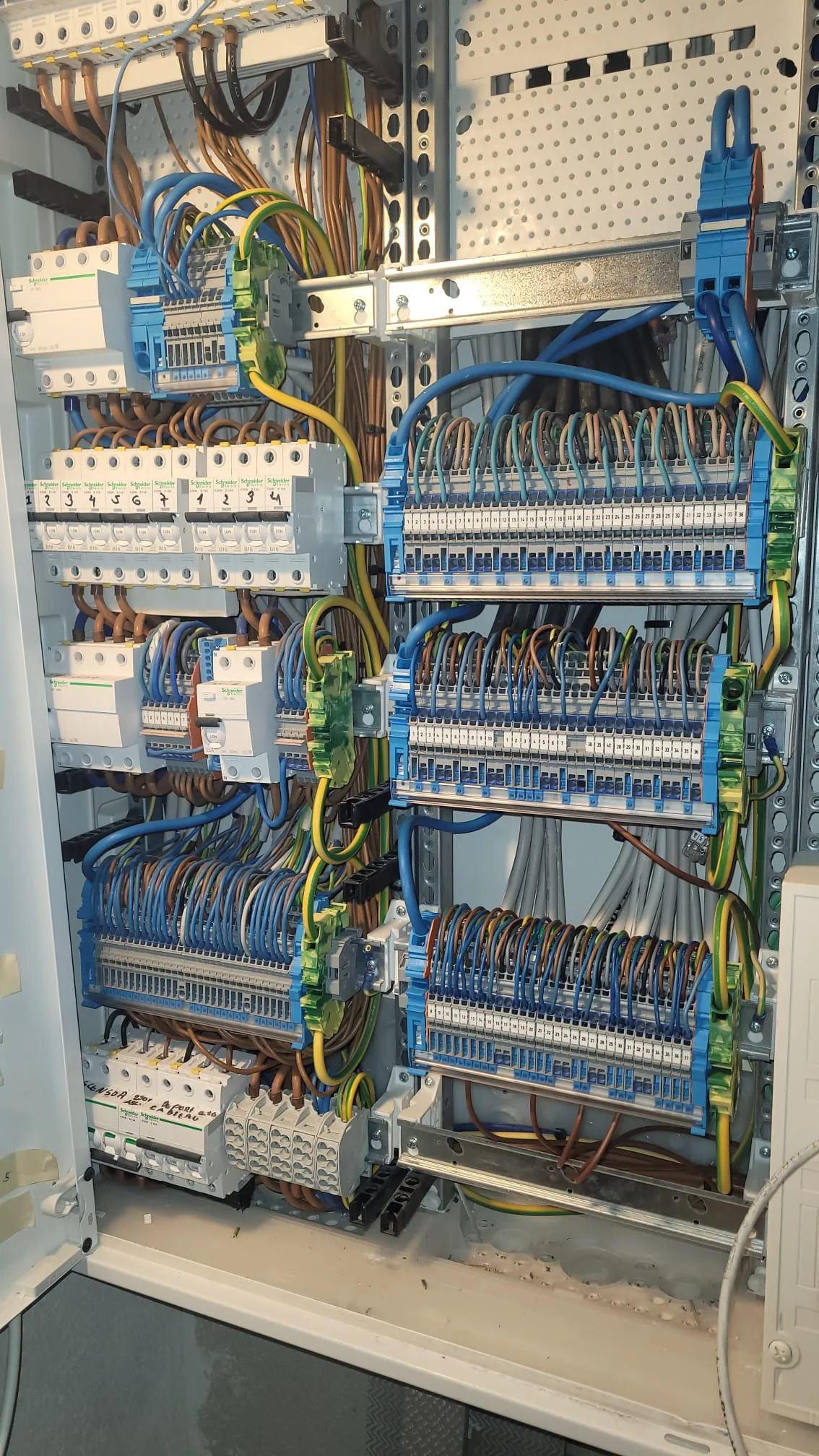 Armoire technique en cours de raccordement — disjoncteurs Schneider et rangées de borniers de distribution