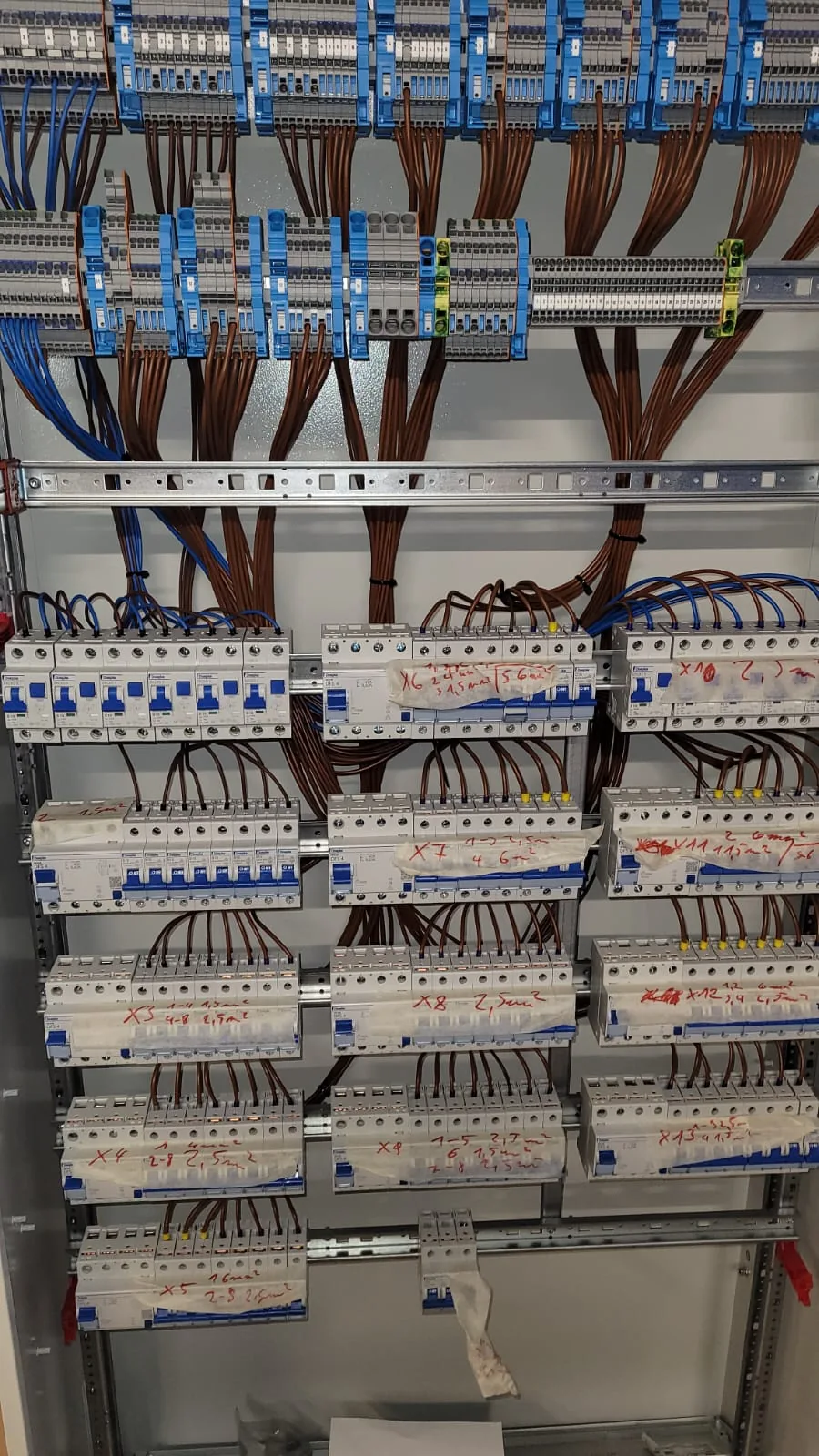Armoire de distribution tertiaire — plusieurs rangées de disjoncteurs Schneider repérées au marqueur, borniers en partie haute
